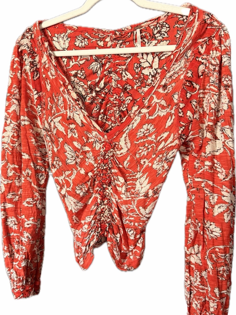 Free People Coral-Orange Floral Ruched V-Neck Crop Top
